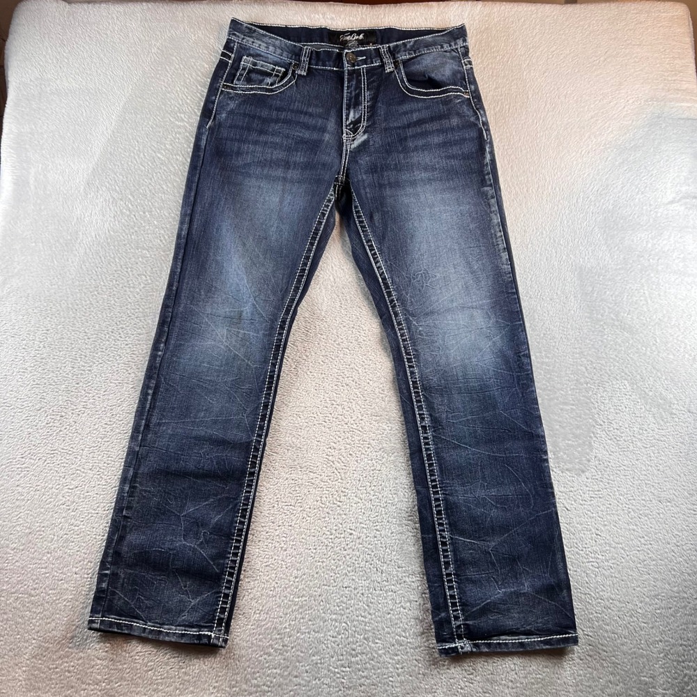 True Luck Mens Straight Leg Jeans Dark Wash Contrast Stitch 32/32 TL22031607